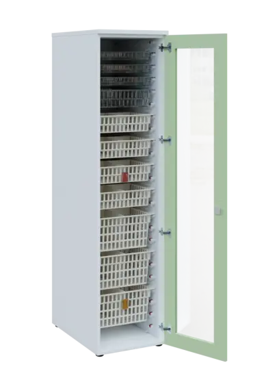 EUROMEDICA S - 46 skříň léková boxová, 1-dveřová/prosklená, pravá, 1950x460x735, korpus bílý, dvířka šedo-zelinkavá